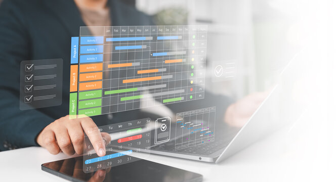 Project management dashboard with Gantt chart, task checklist and calendar interface over laptop. Business workflow planning, deadline tracking, progress monitoring and productivity software concept.