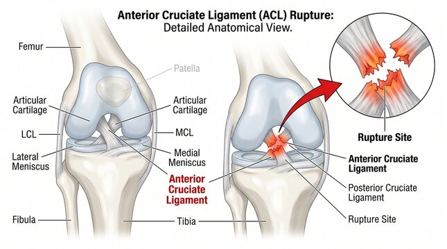 Medical Diagram of ACL Rupture in Human Knee Joint