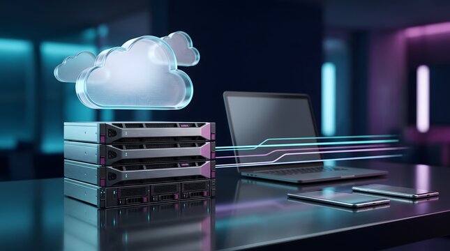 Server rack stack with transparent cloud symbol and glowing data lines. Concept of wireless data transfer and remote network synchronization.