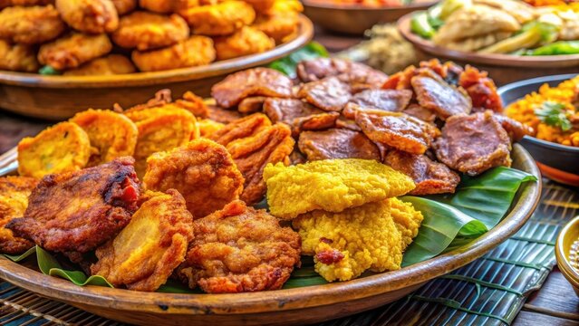 A fragrant platter of golden chicharrn de pollo crispy fried pork chop and crunchy tostones in a vibrant latin market