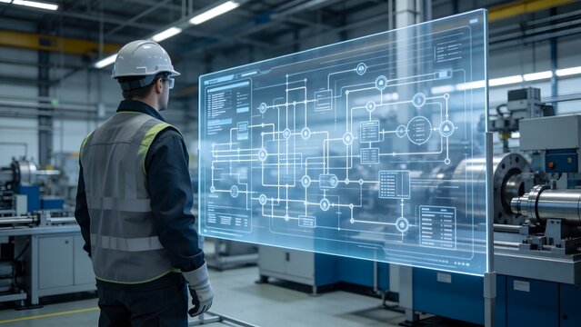 Factory worker viewing digital schematic