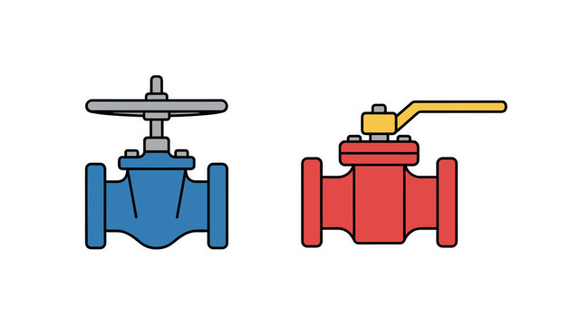 Two industrial pipe valves in blue and red colors with wheel and lever handles in flat vector design.