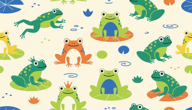 Charming seamless background pattern of cute cartoon frogs sitting on green lily pads floating over a cream background.