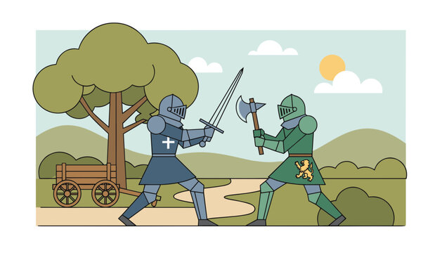 Two medieval knights in full armor fighting with a sword and battle axe in a picturesque countryside landscape.