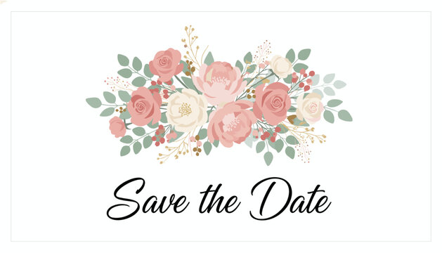 Elegant save the date wedding invitation card with a beautiful pink and white rose bouquet on a clean white background.