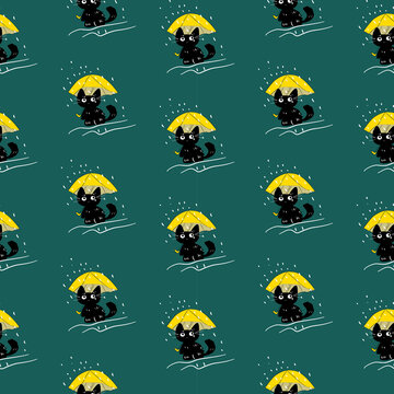 Cute Black Cat with Yellow Umbrella Seamless Pattern in the Rain