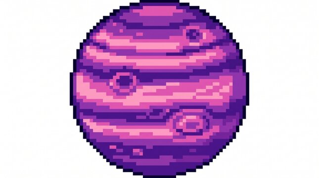 8-bit pixel art of a purple gas giant swirling planet game asset isolated on white.