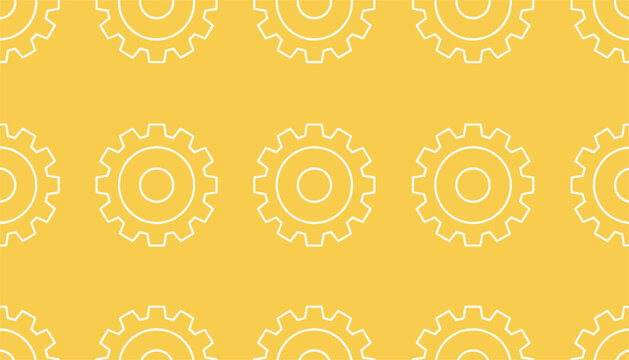 Seamless pattern of white gear wheel outlines on a bright yellow background representing industry and technology.