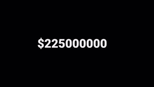 Animated dollar counter increasing to one billion for finance, business, revenue, earnings, investment, financial growth, and monetary data visualization.
