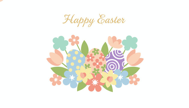 Colorful decorated easter eggs with spring flowers and happy easter greeting typography on a white background.