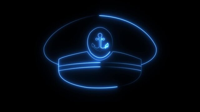 Glowing neon Captain hat icon isolated on black background. maritime accessory, Uniform Cap Symbols, Nautical Headwear and nautical theme element. 4K Video animation.