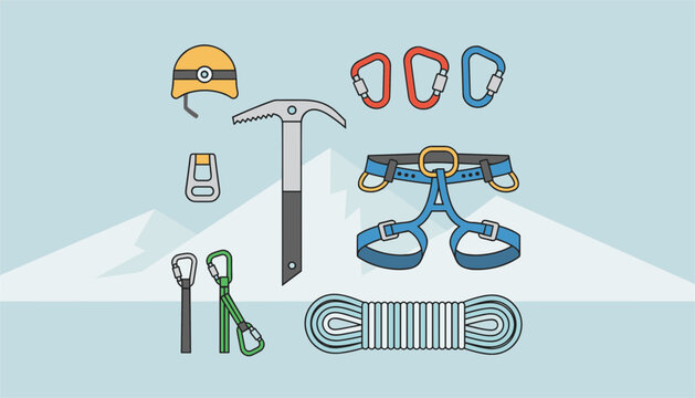 Mountain climbing and ice hiking equipment set featuring safety helmet, ice axe, harness, rope, and carabiners.