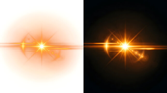 Lens Flare Effect Split: A bright orange lens flare effect is presented in two halves, one against a white background and the other against a dark background.