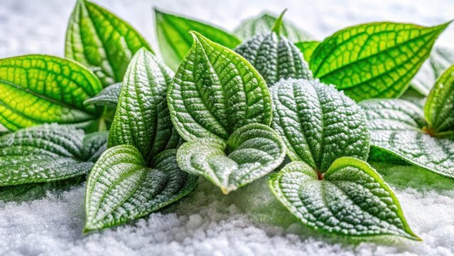 Exotic tiliacora triandra leaves of thai herbs delicately arranged against a crisp snowy white background