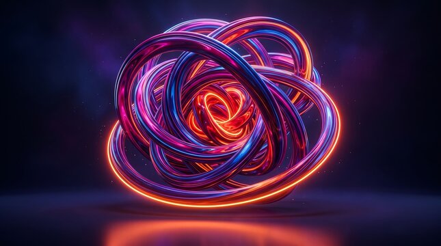 Abstract 3D render of a complex spherical knot of glowing neon rings with vibrant pink and blue light trails creating a sense of energy and infinite motion in dark space