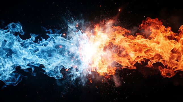 Violent collision of massive blue and orange fire waves exploding in the center creating a powerful shockwave and flying embers against a dark background
