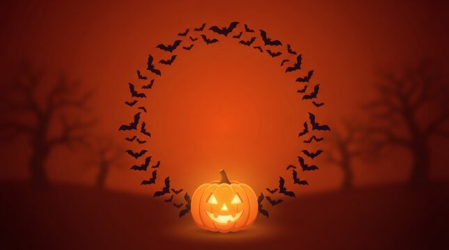 Flat Vector Illustration Deep Orange Red Gradient Background Ring Small Bats Circular Border Empty Center

