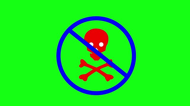skull of caution Inside blue Prohibition Circle on green background, Dangerous or Restricted Warning Symbol. indicating danger or toxicity, commonly used for hazardous materials. 4k video animation