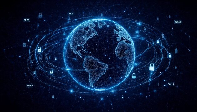 Digital Earth hologram with global network connectivity and futuristic data visualization