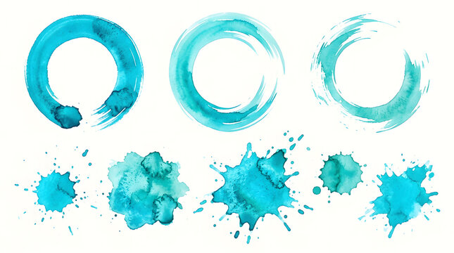Turquoise Enso and Splatter: A collection of abstract artistic elements featuring turquoise watercolor enso circles and vibrant paint splatters, evoking a sense of calm and creative energy.