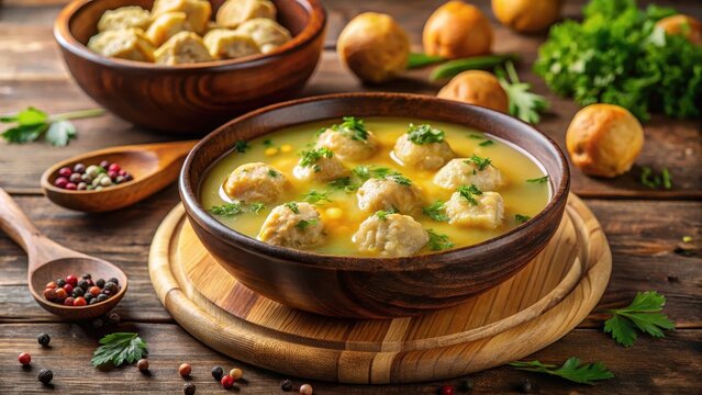 Steaming bowl of golden chicken soup bouillon rests beside juicy chicken meatballs and crunchy croutons on a rustic wooden plate