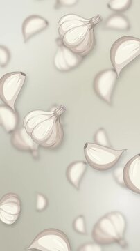 Vertical Animation of Garlic Bulbs and Cloves Falling on Mesh Background