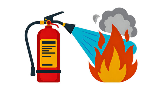 A vibrant vector illustration depicting a red fire extinguisher suppressing a blazing flame with chemical foam