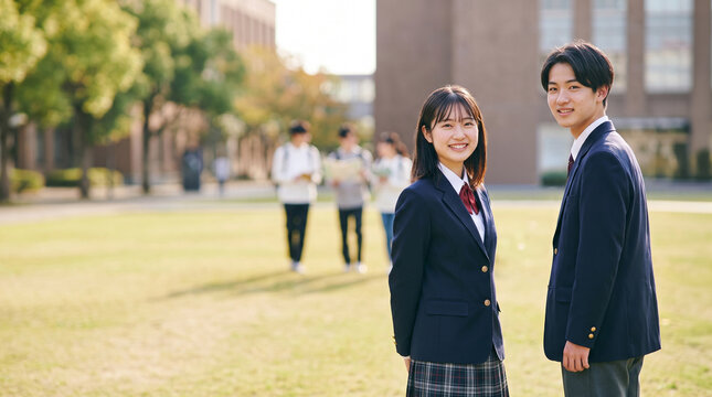 大学のオープンキャンパスで案内資料を持って微笑む高校生の男女