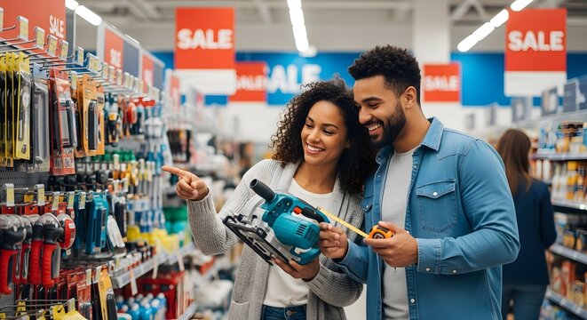 Smiling young couple shopping for power tools in hardware store, diverse customers choosing home improvement equipment in retail shop