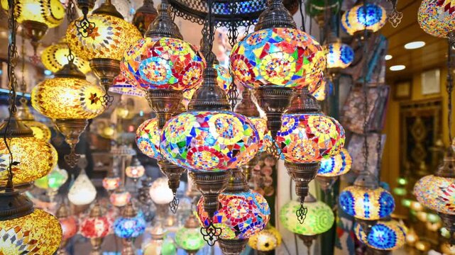 Stunning oriental mosaic lamps illuminating traditional turkish market stall.