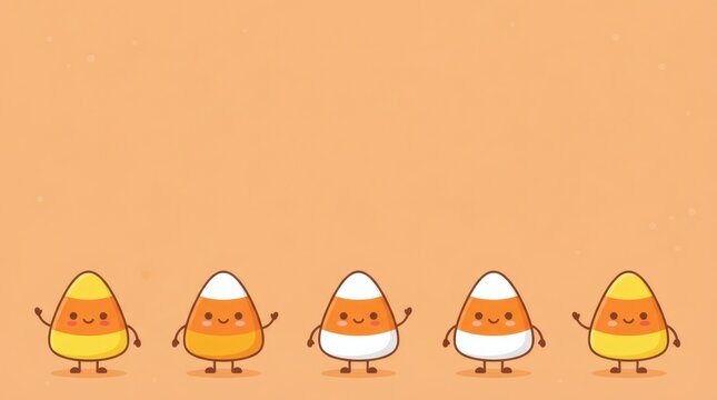 Flat Vector Illustration Warm Peach Orange Background Row Five Small Candy Corn Characters Footer Border

