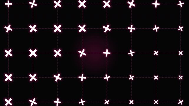 Abstract motion graphic of white cross symbols rotating on a digital red grid over a dark background