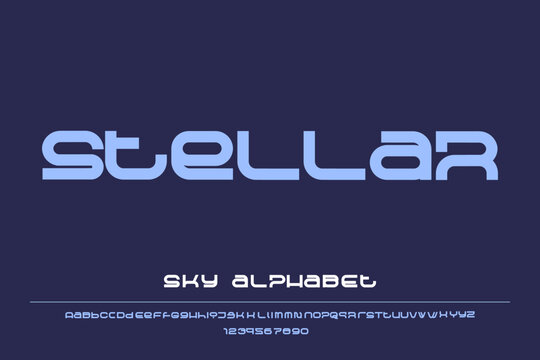 Modern futuristic sci-fi font alphabet with rounded geometric letters and numbers for space posters, tech branding, and game design.