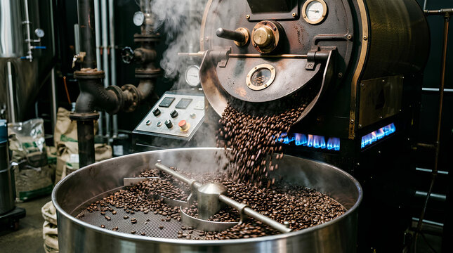 Industrial coffee roaster with cooling beans.