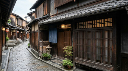 Fototapeta premium Traditional Japanese Alleyway with Wooden Houses and Stone Pavement
