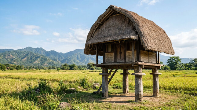Traditional Hut on Stilts in Rice Field, Rural Landscape, Southeast Asia