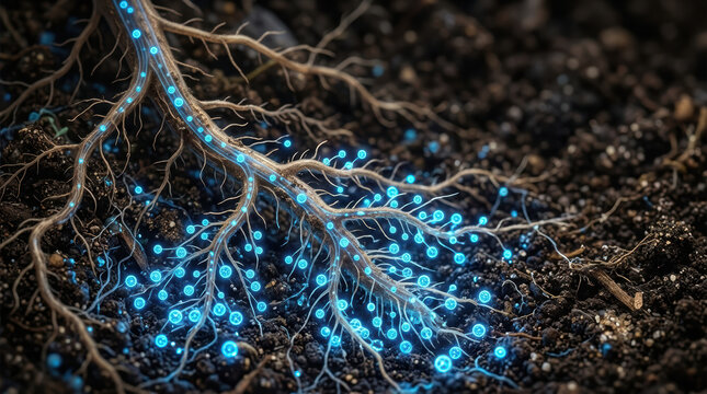Antimicrobial resistance testing concept showing plant root with glowing blue microbial network in soil environment for scientific research