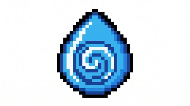 8-bit pixel art of a blue water drop elemental magic symbol isolated on white.