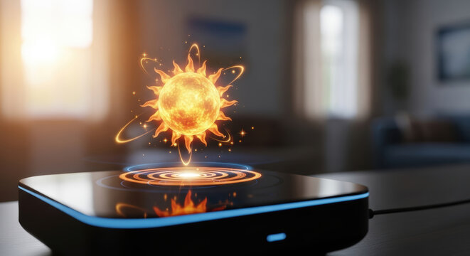 Hot summer day is visualized with glowing sun hologram above futuristic device in bright modern living room