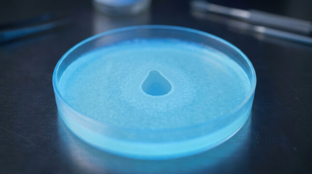 Antimicrobial resistance testing laboratory petri dish with blue agar and clear zone showing bacterial inhibition for medical research and analysis