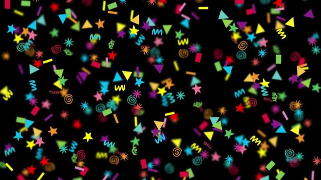 Colorful Confetti and Geometric Shapes Falling on Black Background