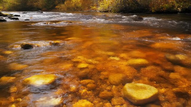 Sunlit Golden Riverbed and Autumn Stream 4K Generative AI