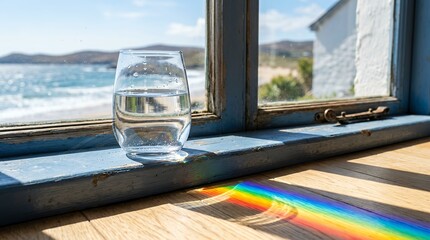 Fototapeta premium Rainbow Refraction from a Glass of Water on a Blue Window Sill Overlooking a Sunny Coastal Beach