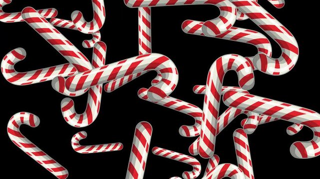 Falling Red and White Striped Candy Canes on Black Background