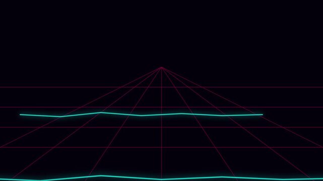 Retro synthwave grid 4k background, with glowing cyan, audio waveform animation, neon