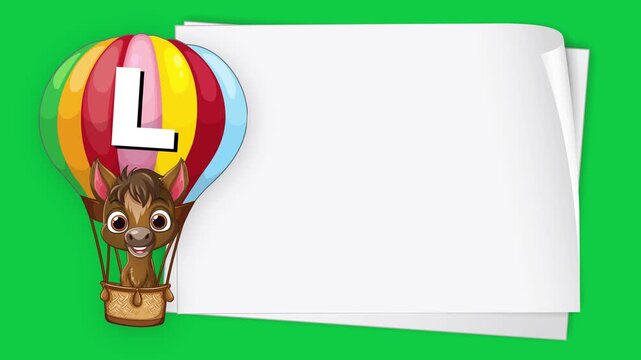Cartoon Horse in Hot Air Balloon with Blank Paper on Green Screen
