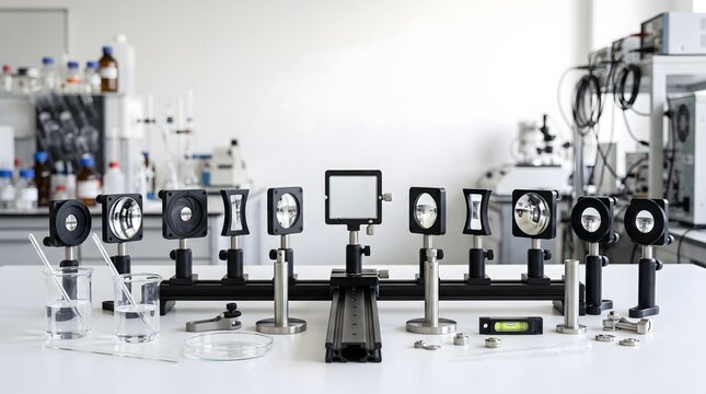 Optical physics experiment setup. Laser optics equipment in a modern scientific laboratory.