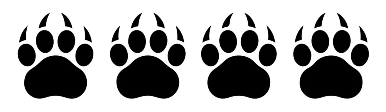 Predator tracks collection featuring four black animal paw silhouettes with sharp claws for wildlife designs.
