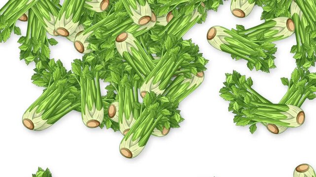 Falling Fresh Celery Bunches Animation on White Background