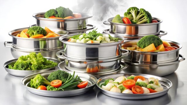 A delicate arrangement of stainless steel dishes filled with steaming vegetables sat on a pristine white background